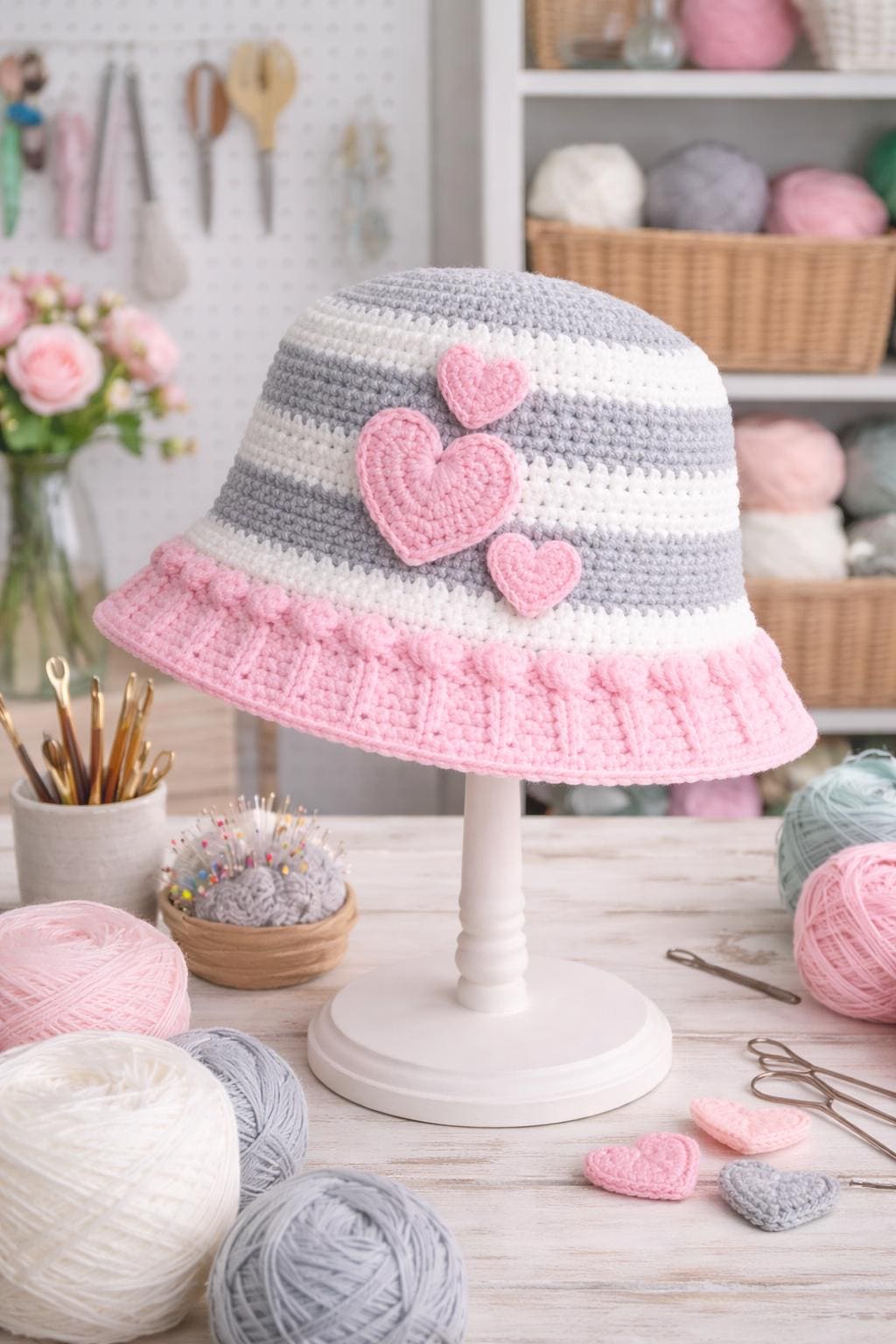 Crochet Heart Bucket Hat Pattern