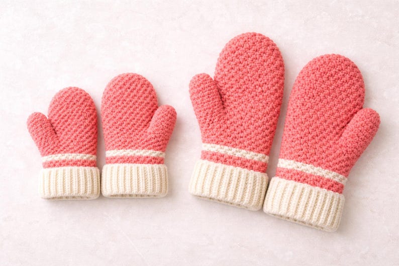 K&ouml;nnte beinhalten: Ein Satz korallenfarbener Strickf&auml;ustlinge mit strukturiertem Muster. Jeder F&auml;ustling hat eine cremefarbene gerippte Manschette und einen wei&szlig;en Streifen. Die F&auml;ustlinge sind paarweise angeordnet und deuten auf verschiedene Gr&ouml;&szlig;en hin.