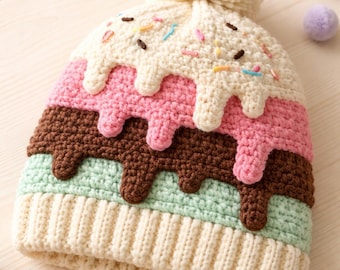 Dripping Ice Cream Beanie Crochet Pattern | Baby to Adult Sizes | Beginner Friendly Hat Pattern