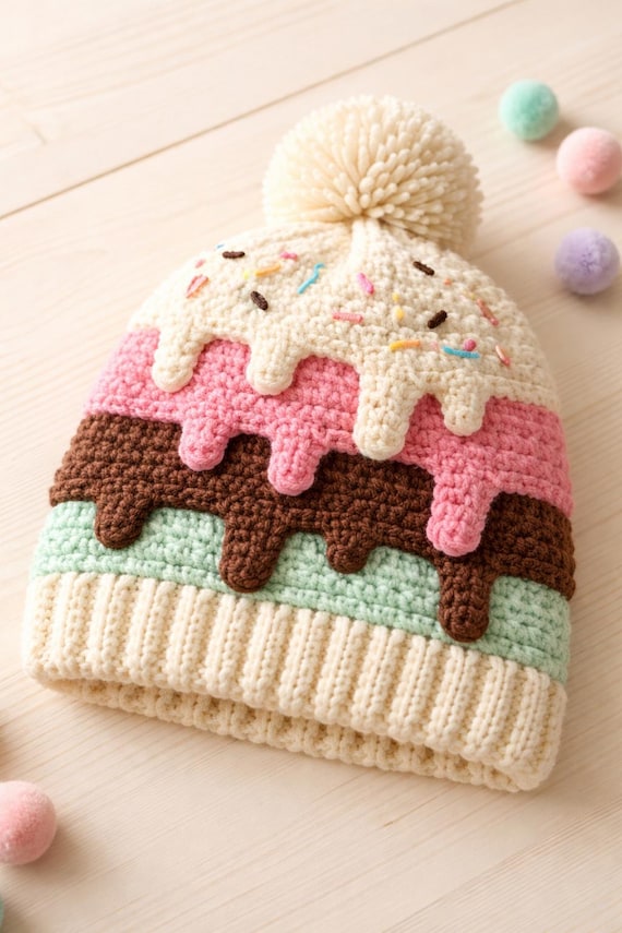 Dripping Ice Cream Beanie Crochet Pattern | Baby to Adult Sizes
