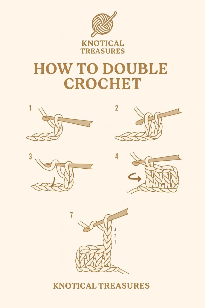 K&ouml;nnte beinhalten: Illustrierte Anleitung zum Doppelh&auml;keln, mit Schritt-f&uuml;r-Schritt-Anweisungen. Das Bild hat einen cremefarbenen Hintergrund mit braunen Illustrationen und Text. Der Text lautet "How to Double Crochet" und "Knotical Treasures".