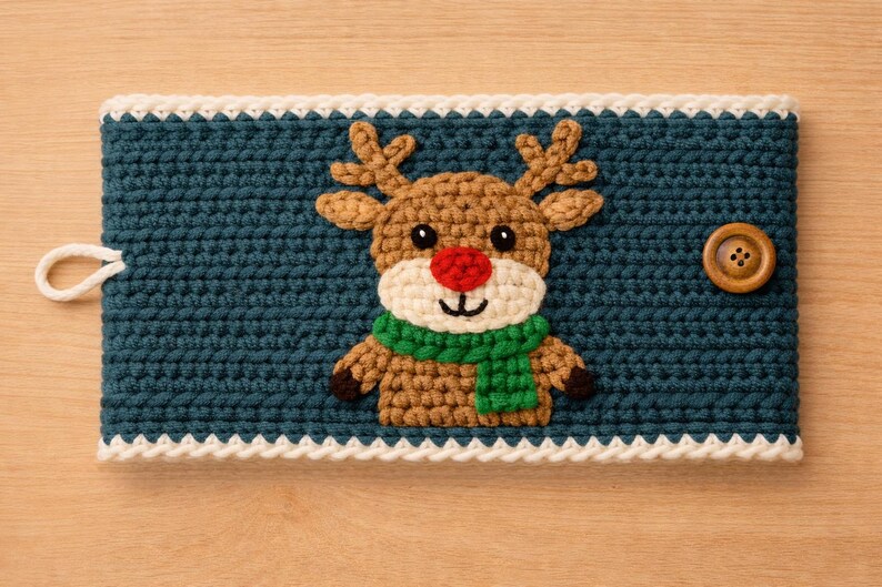 May include: Teal crochet cosy featuring a reindeer design. The reindeer has a red nose, green scarf, and brown antlers. The cosy has a white border and a wooden button closure. A loop is attached for hanging.