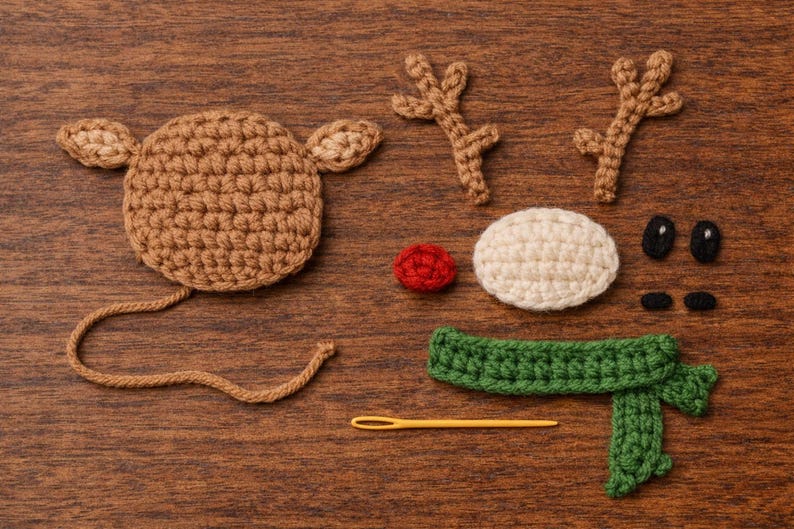 May include: A selection of crochet reindeer components: a brown head with ears, antlers, a red nose, a white oval, black eyes, a green scarf, and a yellow needle. All are arranged on a wooden surface.