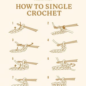 May include: An illustrated guide showing how to single crochet, with numbered steps and a crochet hook. The text reads "HOW TO SINGLE CROCHET" and "KNOTICAL TREASURES". The background is a light beige colour.