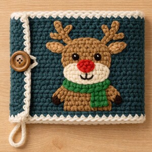 May include: A teal crocheted case with a reindeer design. The reindeer has brown antlers, a red nose, and a green scarf. The case is trimmed with white crochet and has a wooden button closure. A loop is attached for hanging.