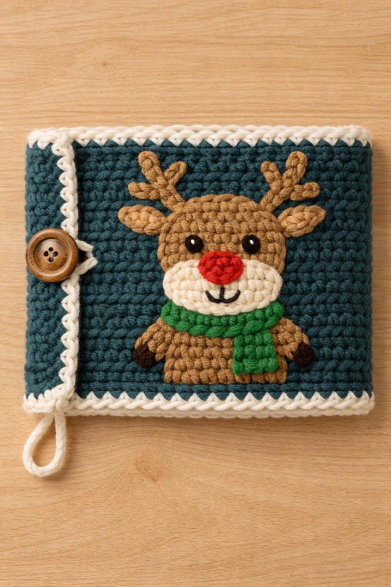May include: A teal crocheted case with a reindeer design. The reindeer has brown antlers, a red nose, and a green scarf. The case is trimmed with white crochet and has a wooden button closure. A loop is attached for hanging.
