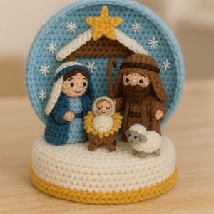 May include: A crocheted nativity scene featuring Mary, Joseph, baby Jesus, and a sheep. The figures are set against a blue backdrop with a star, atop a white base with a yellow border. The scene is handmade.