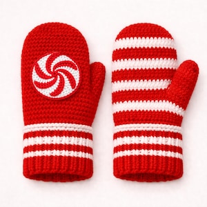 Puede incluir: Un par de mitones de punto rojos y blancos. Un mitón presenta un diseño de caramelo de menta blanca y roja. Ambos mitones tienen rayas blancas en la muñeca. Diseñados para la calidez y el estilo durante el invierno.