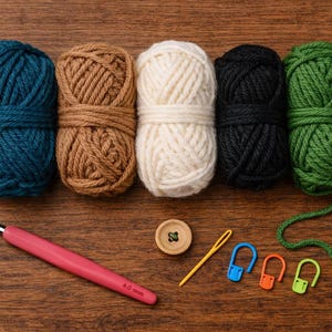 May include: Five balls of yarn in teal, brown, cream, black, and green, alongside a pink crochet hook, a wooden button, a yellow needle, and stitch markers. The hook is marked with "4.0 mm".