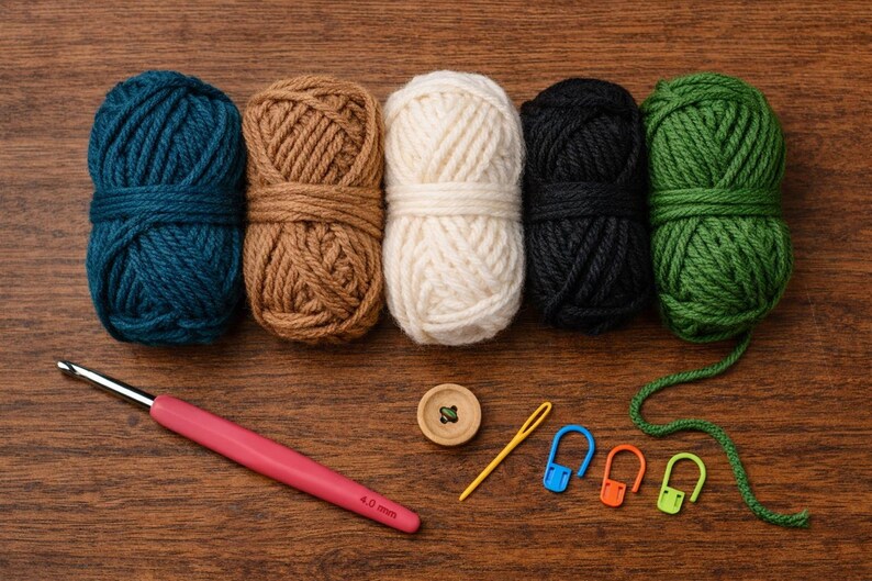 May include: Five balls of yarn in teal, brown, cream, black, and green, alongside a pink crochet hook, a wooden button, a yellow needle, and stitch markers. The hook is marked with "4.0 mm".