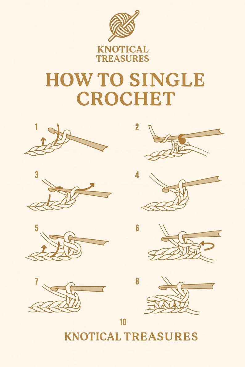 K&ouml;nnte beinhalten: Illustrierte Anleitung zum einfachen H&auml;keln, mit nummerierten Schritten und einer H&auml;kelnadel. Das Bild zeigt den Text "Knotical Treasures" und "How to Single Crochet" in einem beigen Farbschema.