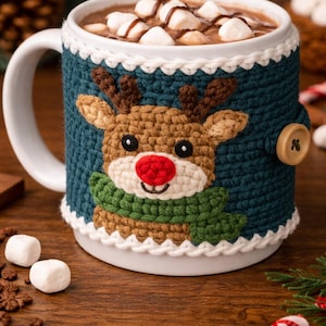 May include: A white ceramic mug filled with hot chocolate and marshmallows, featuring a teal crochet cosy. The cosy is decorated with a reindeer design, complete with a red nose, brown antlers, and a green scarf, fastened with a wooden button.