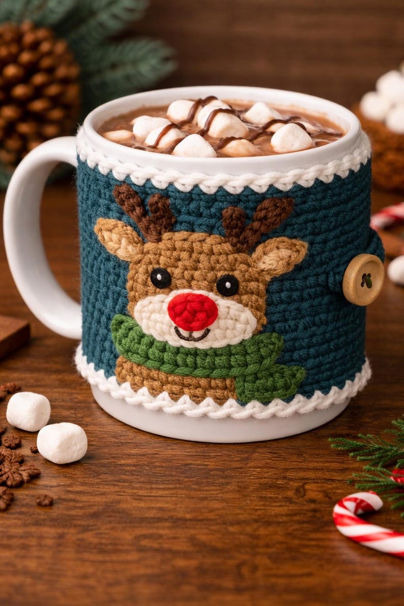 May include: A white ceramic mug filled with hot chocolate and marshmallows, featuring a teal crochet cosy. The cosy is decorated with a reindeer design, complete with a red nose, brown antlers, and a green scarf, fastened with a wooden button.