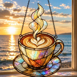 May include: A stained glass suncatcher shaped like a coffee cup on a saucer with rising steam. The piece features iridescent, amber, and brown glass segments held together by dark metal lines, suspended by a thin metal chain against a sunset.