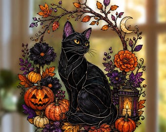 Black Cat Acrylic Suncatcher, Halloween Window Hanging, Pumpkin Floral Witchy Decor, Fall Gift for Cat Lovers