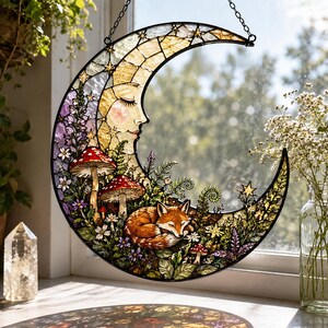 Moon Fox Acrylic Suncatcher, Crescent Moon Window Hanging, Cottagecore Forest Decor, Celestial Woodland Gift For Her