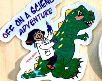 T-Rex Science Adventure Decals and Pins – Waterproof Vinyl Stickers and Buttons for Backpacks & Laptops