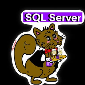 Puede incluir: Una pegatina de dibujos animados con una ardilla marr&oacute;n con esmoquin, sosteniendo una bandeja con dos copas de champ&aacute;n y uvas. La pegatina tiene el texto "SQL Server" en una pancarta morada y blanca.