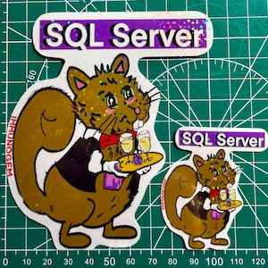 May include: Two stickers featuring a cartoon squirrel waiter holding a tray with champagne glasses and grapes. The stickers have the text "SQL Server" on a purple background. The larger sticker has the text "IMMUNOGEM" on the side.
