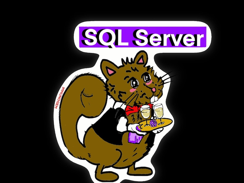 Puede incluir: Una pegatina de dibujos animados con una ardilla marr&oacute;n con esmoquin, sosteniendo una bandeja con dos copas de champ&aacute;n y uvas. La pegatina tiene el texto "SQL Server" en una pancarta morada y blanca.