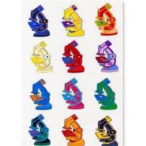 May include: A sticker sheet featuring colorful microscope illustrations. The sheet is 6x9 inches and made of matte vinyl. The stickers are waterproof, laminated, and easy to peel. The sheet includes text that says "Microscope Sticker Sheet".
