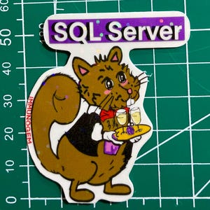 Puede incluir: Una pegatina con una ardilla de dibujos animados sosteniendo una bandeja con dos copas de champ&aacute;n y uvas. La pegatina tiene el texto "SQL Server" en blanco sobre un fondo morado. La ardilla es marr&oacute;n, con chaleco negro y pajarita roja.