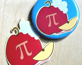 Pegatinas y botones de Apple para el Día de Pi: divertidas calcomanías y pines de vinilo con juegos de palabras matemáticos.