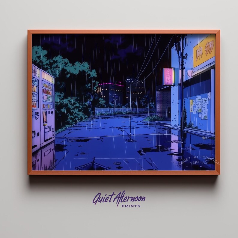 Rain-soaked cityscape wall art for apartment — evocative artwork featuring a deserted alley setting with nostalgic anime aesthetics.