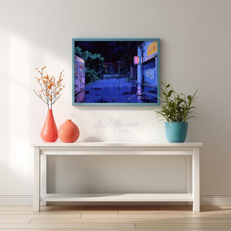 Urban street corner wall art for home theater — features cel-shaded style and reflective rain, creating an engaging visual narrative.