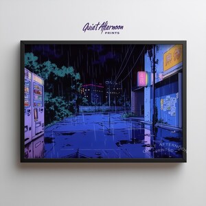 Desolate urban street print for creative nook — capturing the essence of a rain-drenched night, vibrant neon pops draw attention.