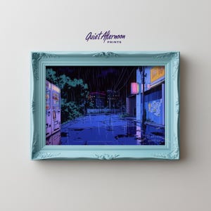 Neon alley digital artwork for dining area — retro-inspired scene with striking reflections and atmospheric lighting, perfect for decor.