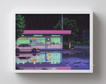 Impresión de gasolinera nocturna de neón con estética de anime retro: colores synthwave de los 90, escena vaporwave melancólica, descarga digital de anime 227