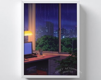 Escritorio de anime de los 80 con un ambiente melancólico en una ventana en una noche lluviosa: impresión interior acogedora y nostálgica, vista retro de la ciudad de los 90, obra de arte digital imprimible, descarga 128