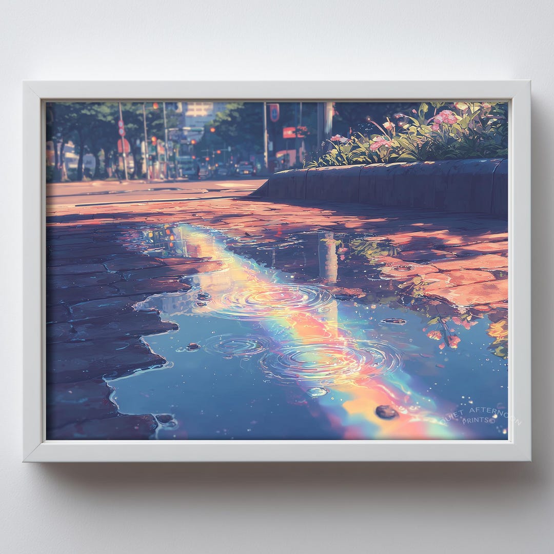 Anime Inspired City Puddle Scene - Cinematic Ghibli Style Digital Print ...