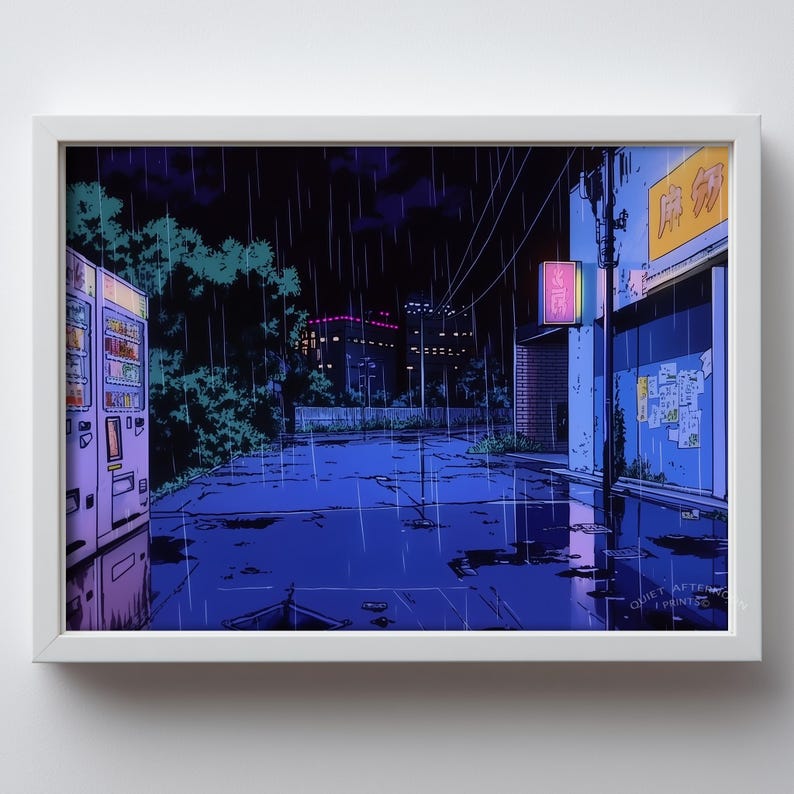 Moody alley scene digital artwork for hallway — vibrant colors and a rain-soaked city atmosphere enhance any space’s charm.