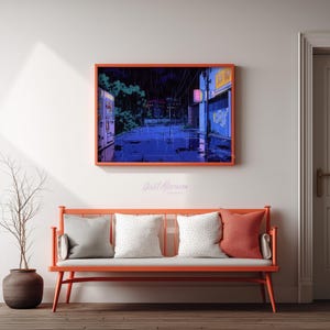 Cyberpunk neon night street printable art for workspace — deep hues and nostalgic visuals evoke a retro anime ambiance.