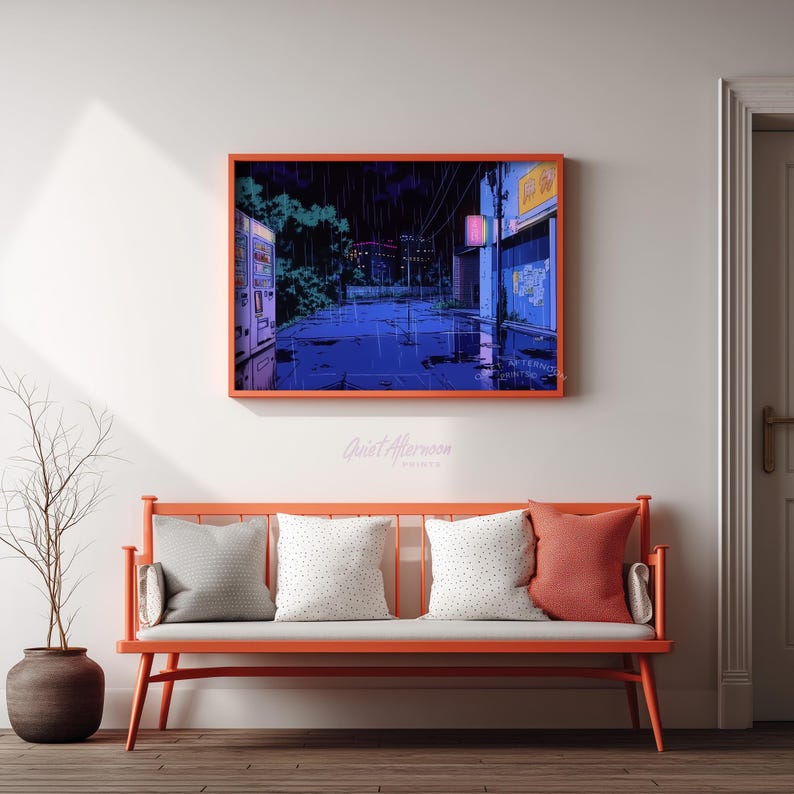 Cyberpunk neon night street printable art for workspace — deep hues and nostalgic visuals evoke a retro anime ambiance.