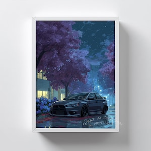 Puede incluir: Impresión enmarcada de un coche deportivo gris oscuro estacionado en una calle mojada por la noche. La obra de arte es una pintura digital con árboles morados y farolas azules. El texto "QUIET AFTERNOON PRINTS" está en la parte inferior.