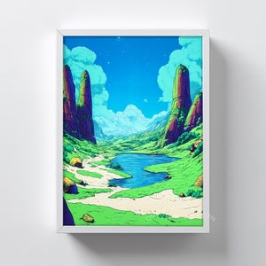Retro Anime Valley Landscape - 90s Nostalgic Dragon Ball Z Art, Blue River & Rocky Spires, Bright Cel-Shaded Illustration, Printable 179
