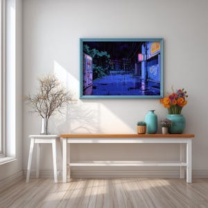 Nighttime urban illustration wall art for living room — stunning 90s anime aesthetic showcasing a deserted alley with neon reflections.