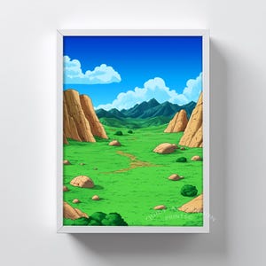 May include: Framed art print featuring a vibrant landscape with a bright blue sky and fluffy white clouds. The scene includes green fields, brown rock formations, and distant mountains. The text "QUIET AFTERNOON PRINTS" is visible.