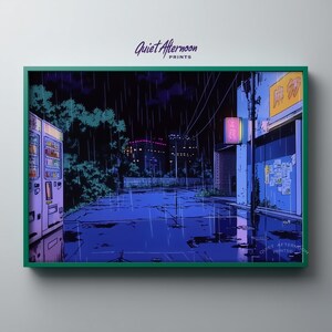 Retro anime night street poster for café — lively neon signs and reflective surfaces create a compelling urban vibe for any setting.