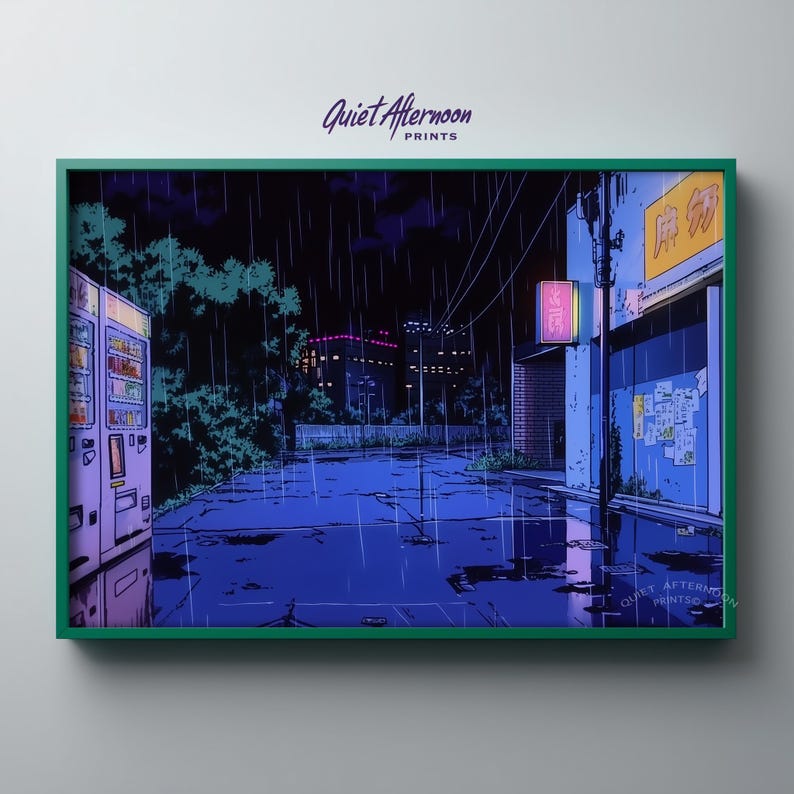 Retro anime night street poster for café — lively neon signs and reflective surfaces create a compelling urban vibe for any setting.