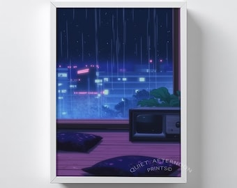 Impresión de habitación de anime de los 90: Interior retro neón melancólico (arte digital) 133