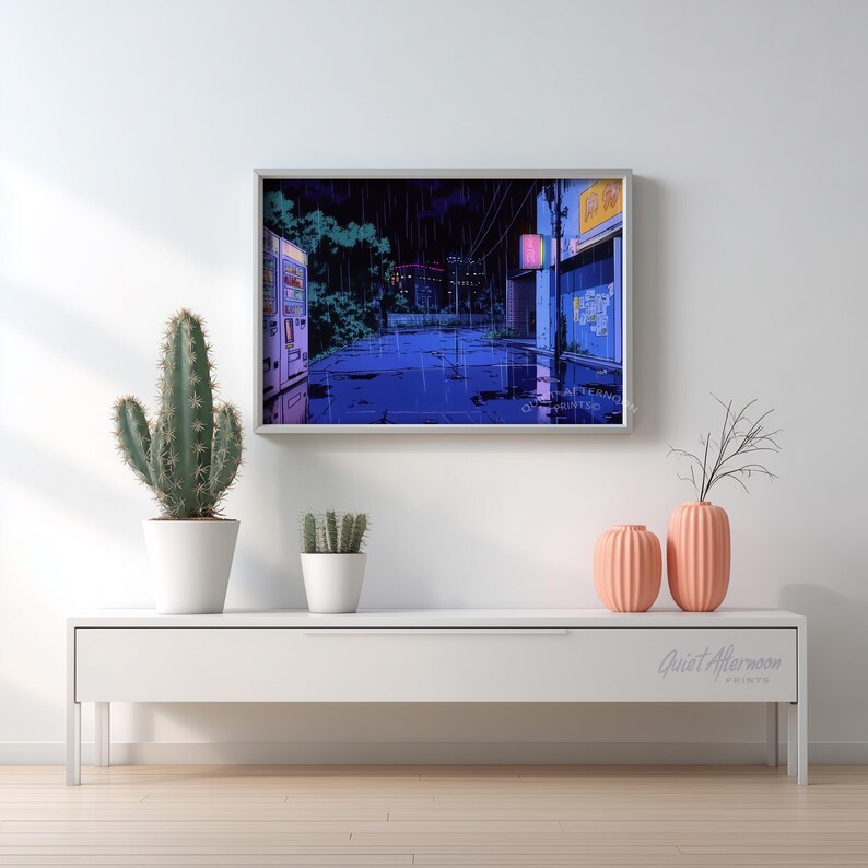 Wet asphalt urban street poster for lounging area — brings a moody cinematic vibe with deep colors and glowing neon signs.