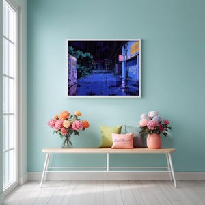 Abandoned cityscape poster for home studio — atmospheric cyberpunk-inspired artwork featuring glowing signs and shadowy storefronts.