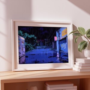 Neon-lit city alley wall art for gaming room — captures a retro-inspired ambiance with shadows and reflections, ideal for enthusiasts.