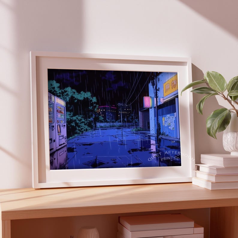 Neon-lit city alley wall art for gaming room — captures a retro-inspired ambiance with shadows and reflections, ideal for enthusiasts.