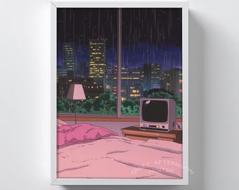 Dormitorio de anime retro de los 90 imprimible: acogedor interior nocturno con televisor CRT, ventana de ciudad lluviosa, arte mural en tonos pastel, ilustración digital 129