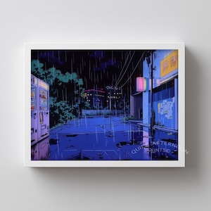 Abandoned urban landscape digital art for foyer — striking 90s anime style filled with neon elements creates a stunning first impression.